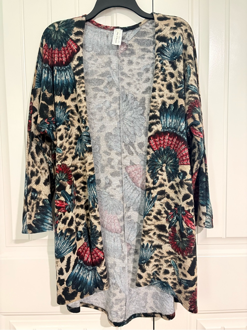 Boutique Floral and Leopard Open-Front Cardigan Sweater - Teal & Burgundy
